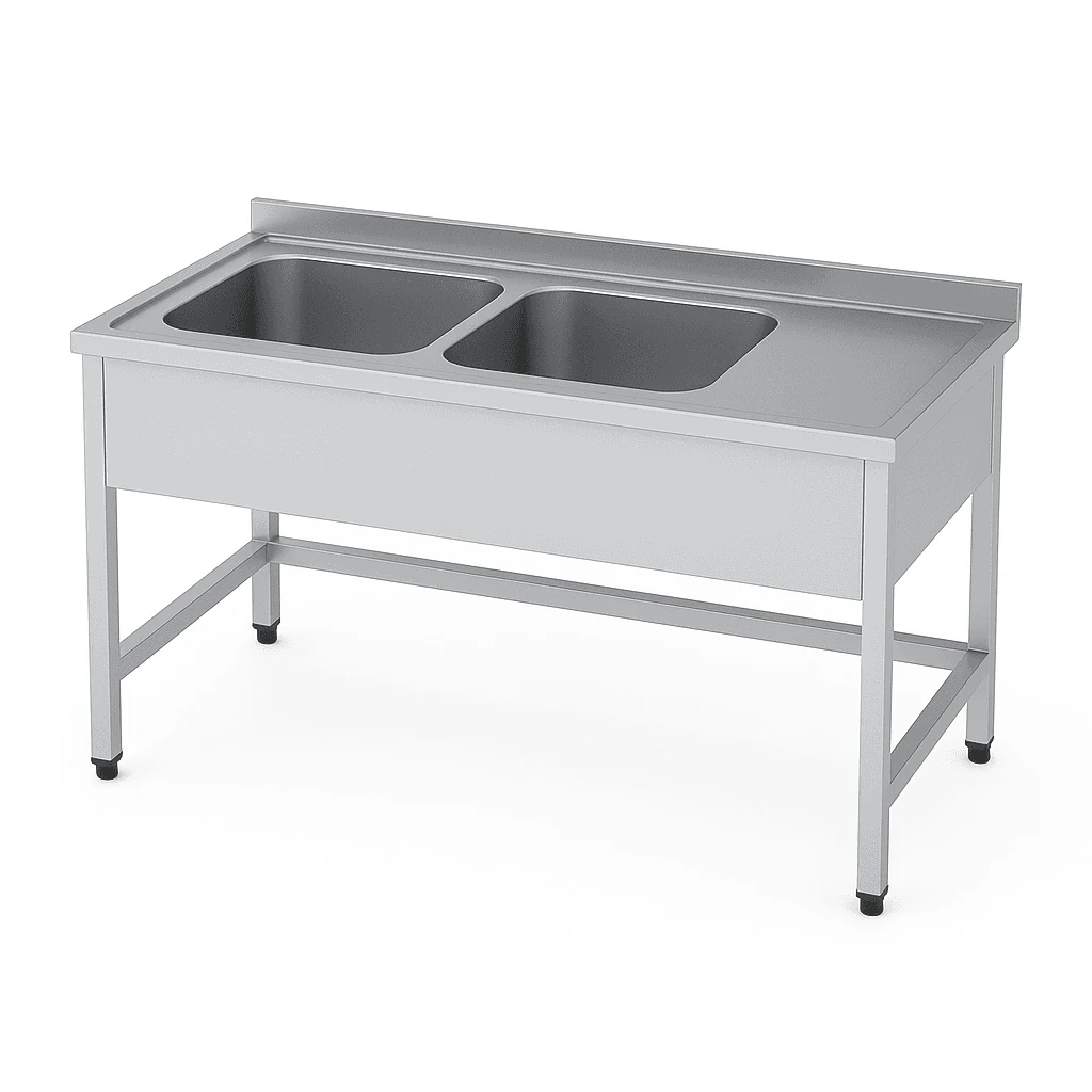 Paslanmaz Çift Evyeli Tezgah - Taban Rafsız, Sol Yön (70cm Derinlik 430 Kalite)