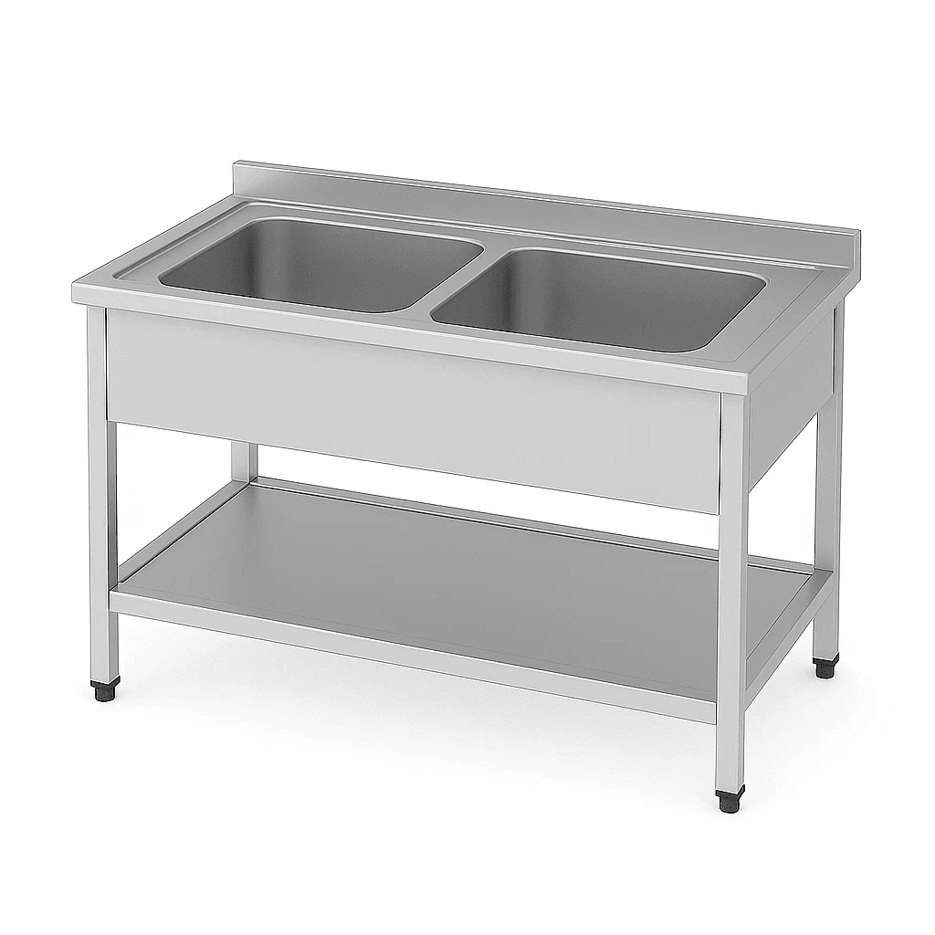 Paslanmaz Çift Evyeli Tezgah - Taban Raflı, Sağ Yön (70cm Derinlik 430 Kalite)