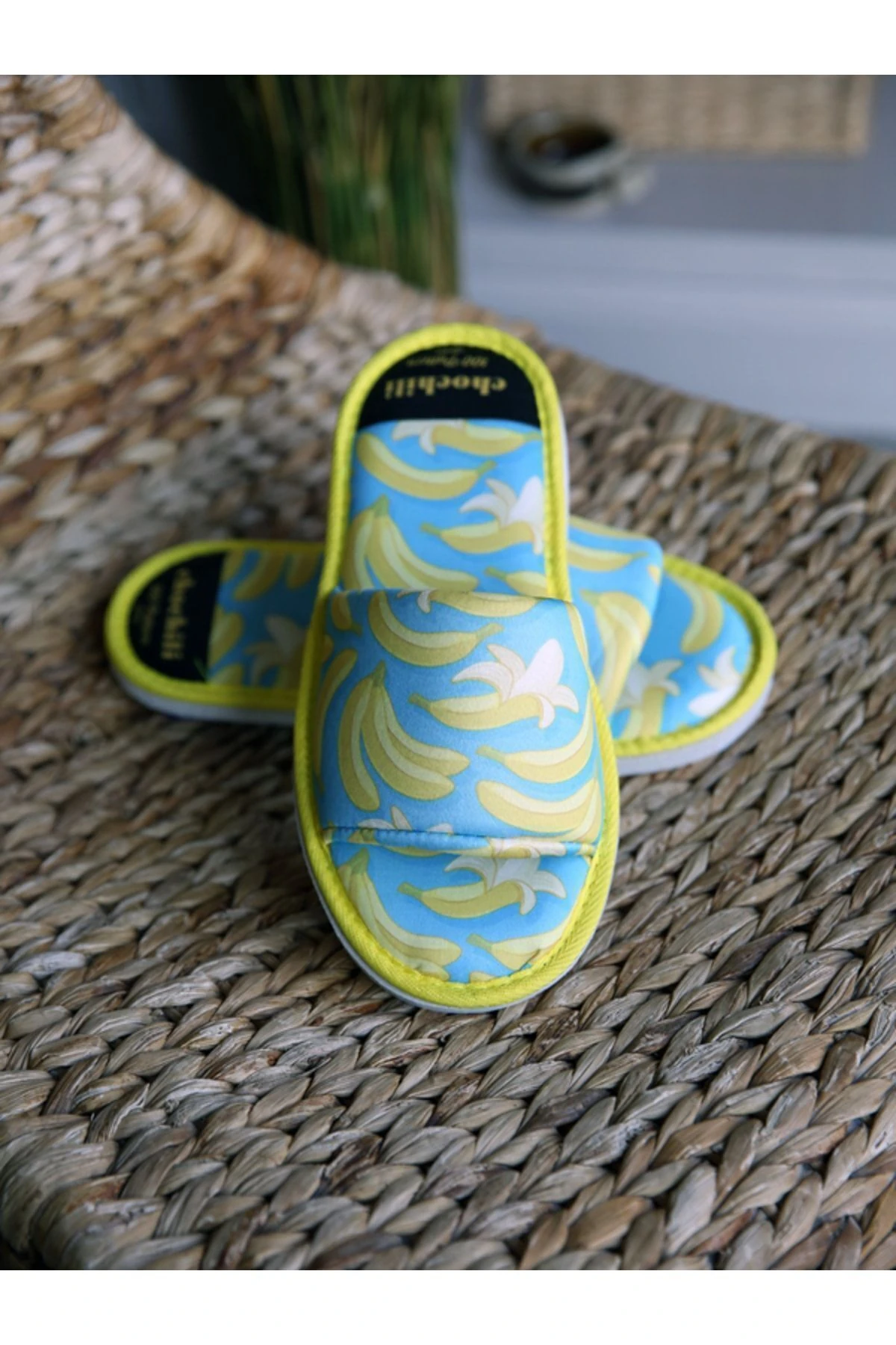 Unisex Muz Desenli Ev Terliği Yumuşak Tabanlı Önü Açık