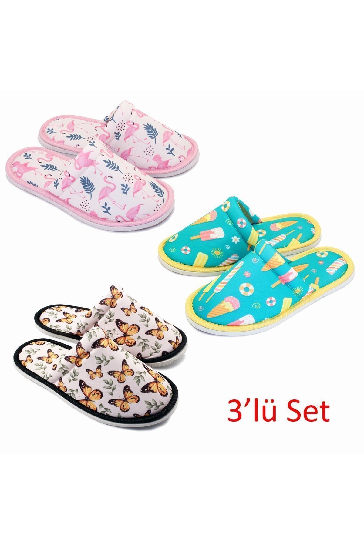 3'lü Set Flamingo, Kelebek, Dondurma Desenli Yumuşak Tabanlı Ev Terlik Unisex