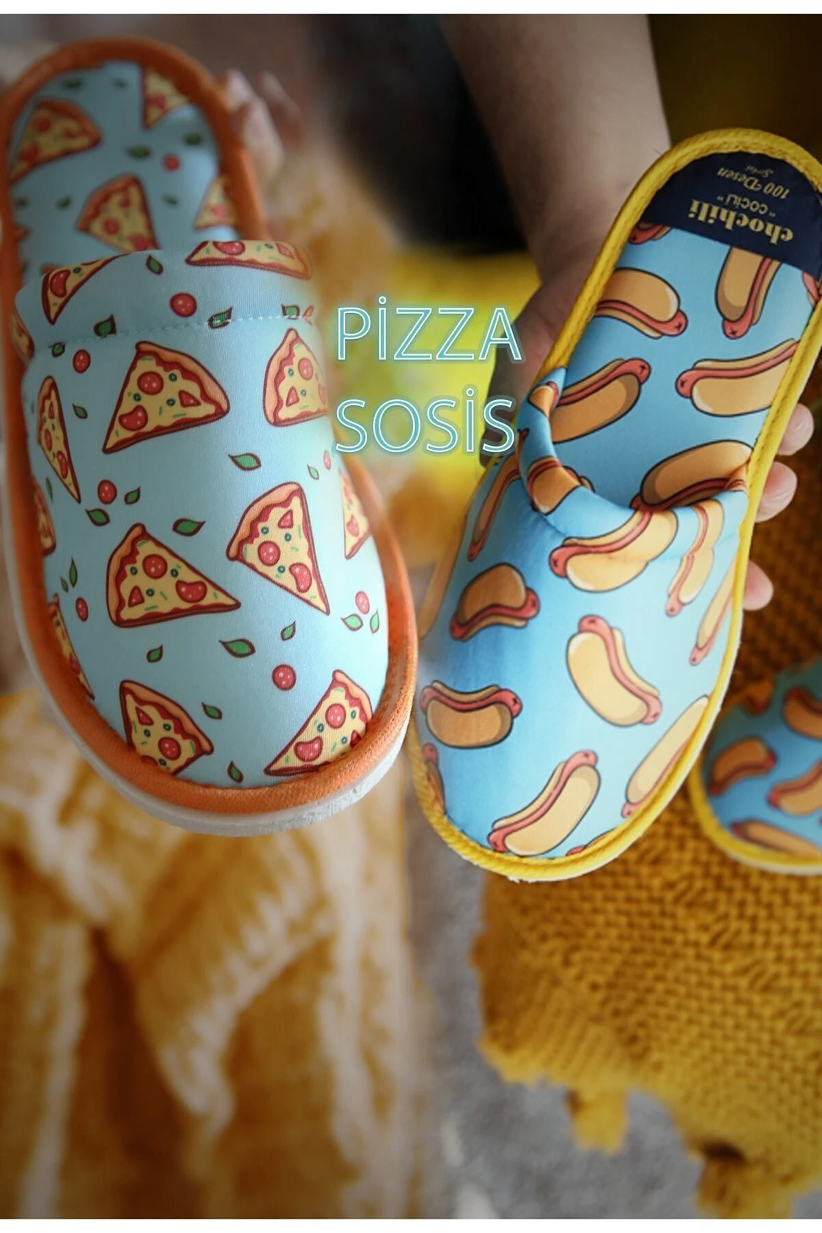 Unisex Pizza Ve Hot Dog Desenli Yumuşak Tabanlı Terlik (2'li Set)