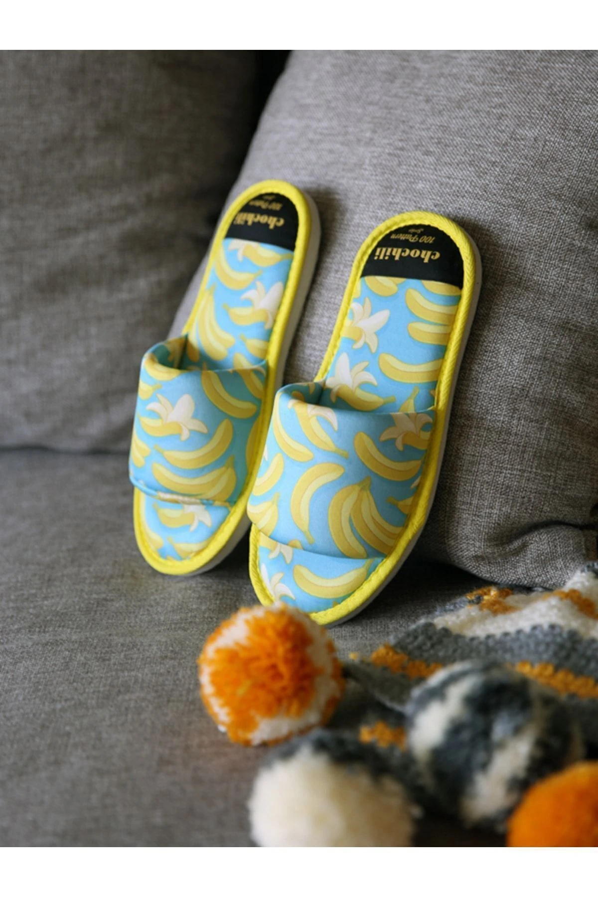 Unisex Muz Desenli Ev Terliği Yumuşak Tabanlı Önü Açık