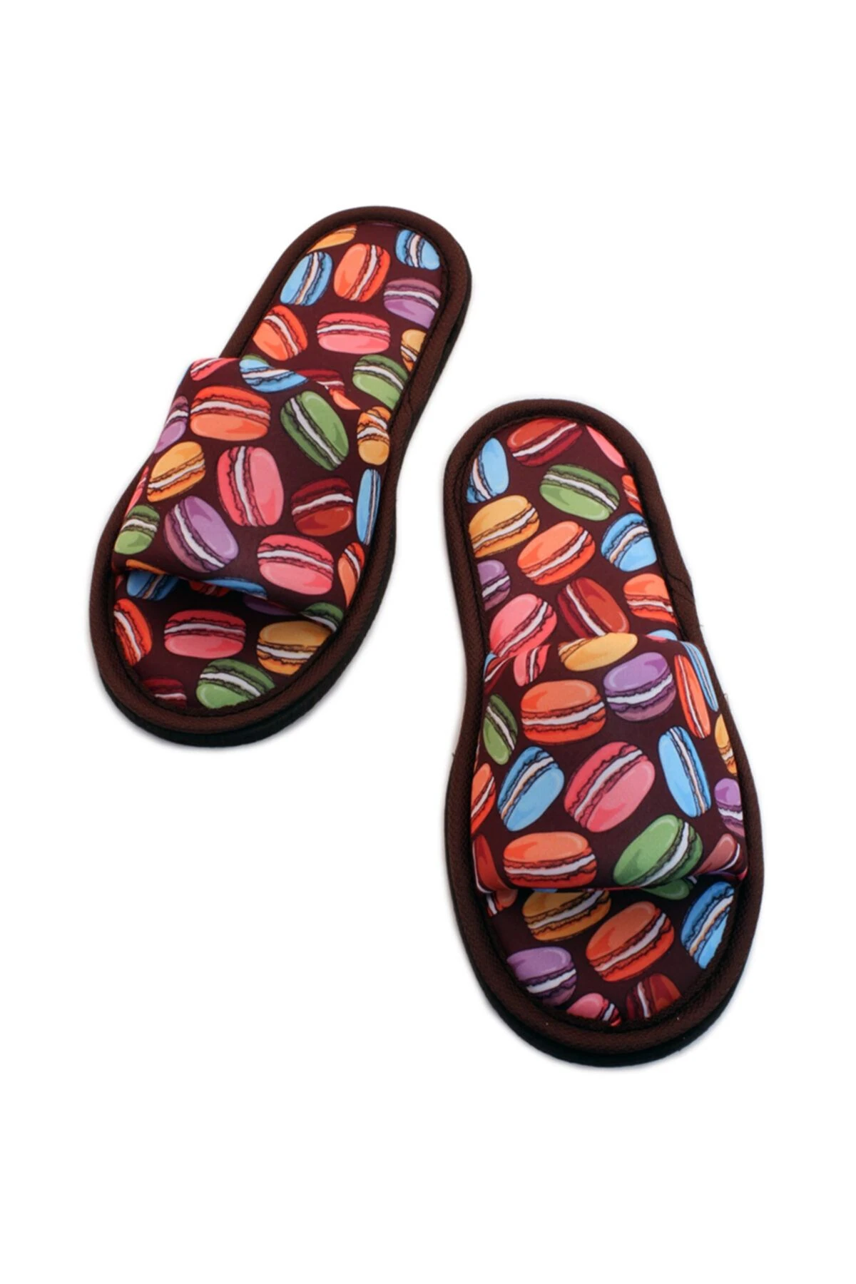 Unisex Kahverengi Macaron Desenli Önü Açık Yumuşak Tabanlı Ev Terlik