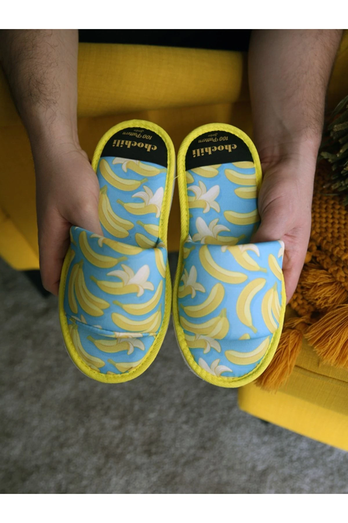 Unisex Muz Desenli Ev Terliği Yumuşak Tabanlı Önü Açık