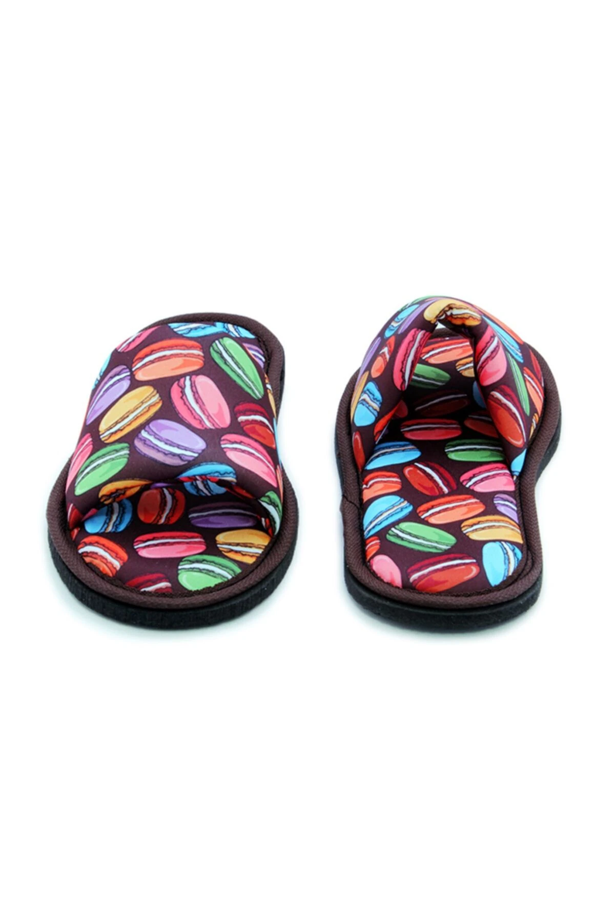 Unisex Kahverengi Macaron Desenli Önü Açık Yumuşak Tabanlı Ev Terlik