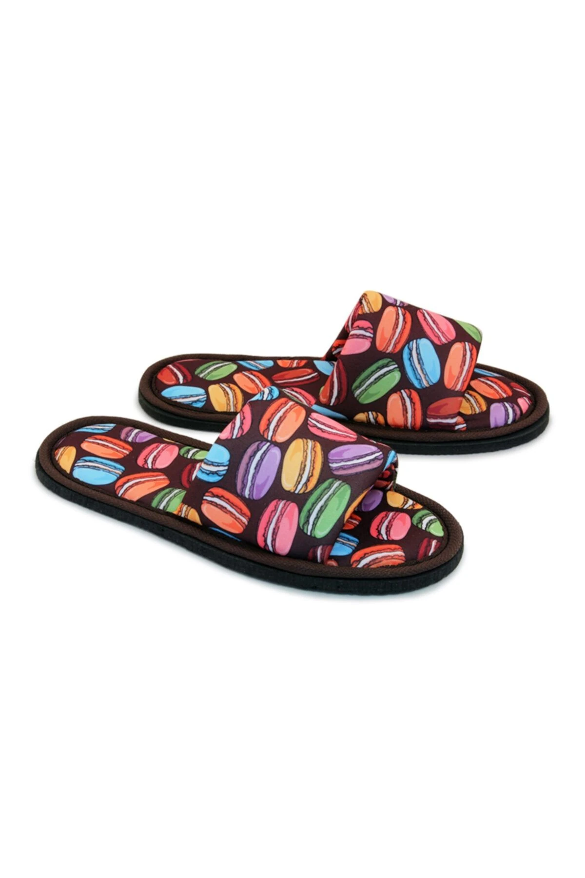 Unisex Kahverengi Macaron Desenli Önü Açık Yumuşak Tabanlı Ev Terlik