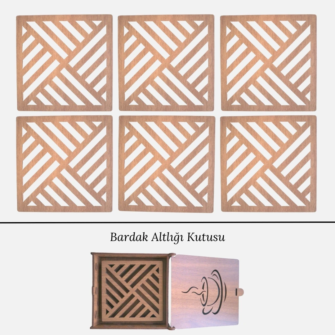 Stantlı 6'lı Ahşap Bardak Altlığı Seti - Model 45