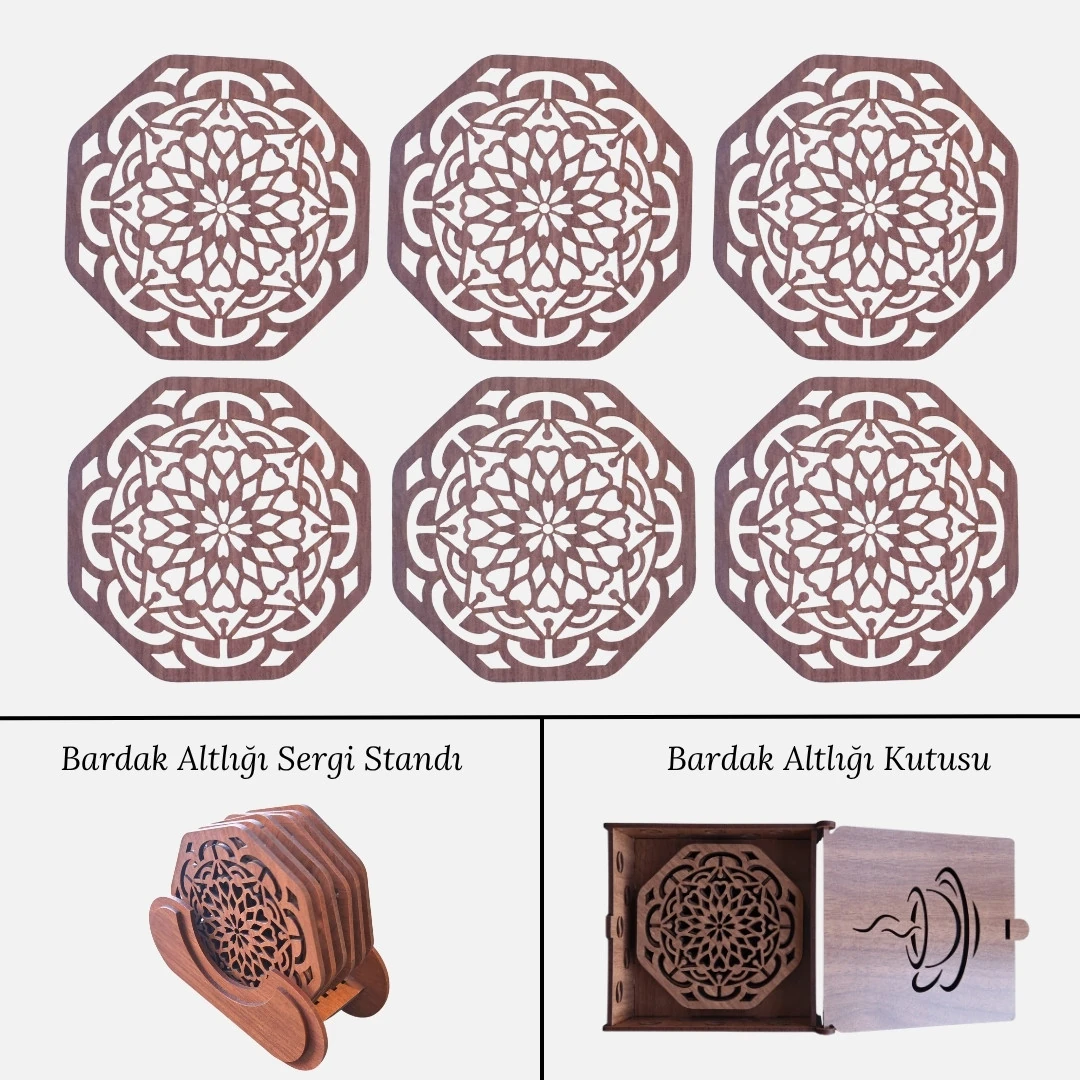 Stantlı 6'lı Ahşap Bardak Altlığı Seti - Model 41