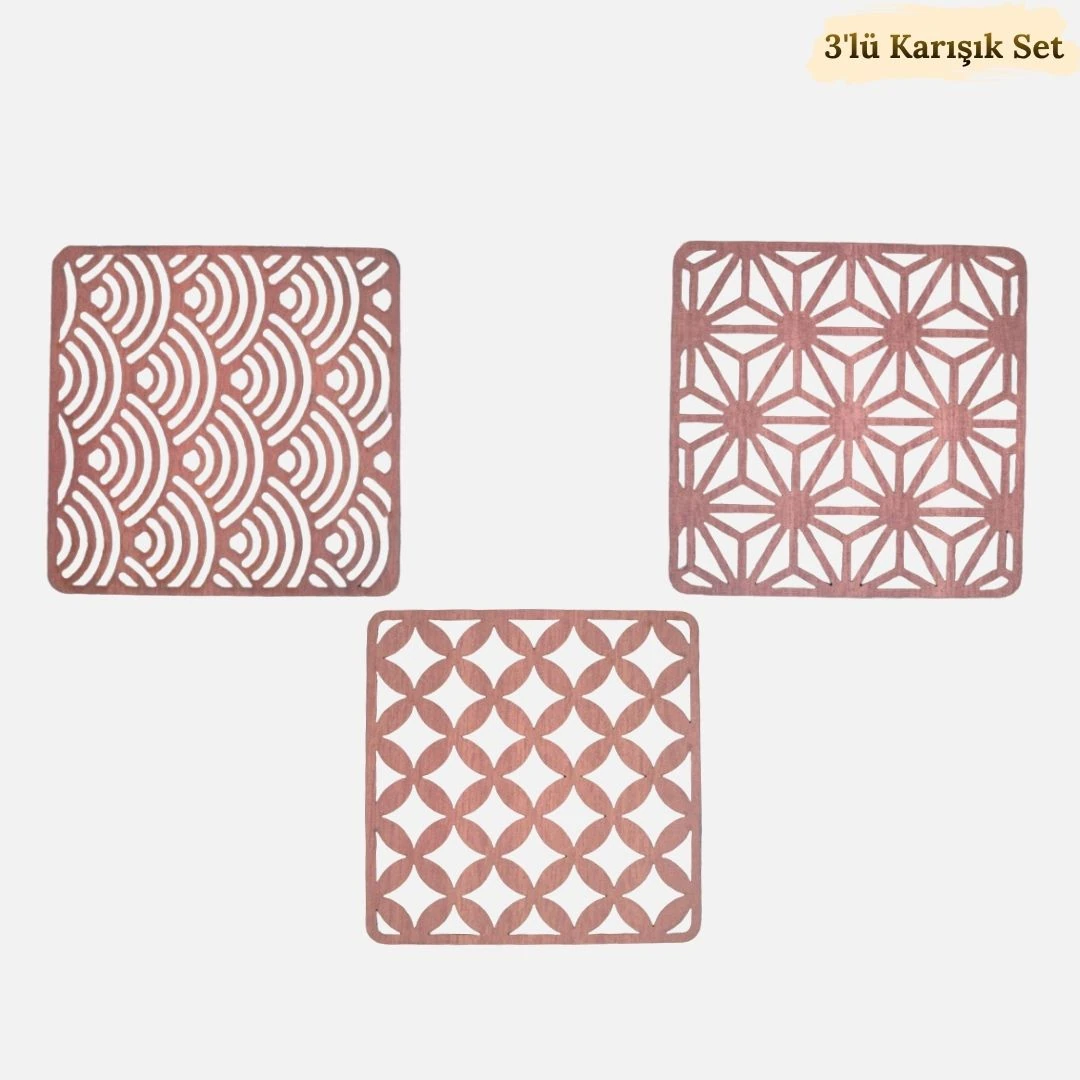 3'lü Ahşap Japon Tarzı Bardak Altlığı Seti