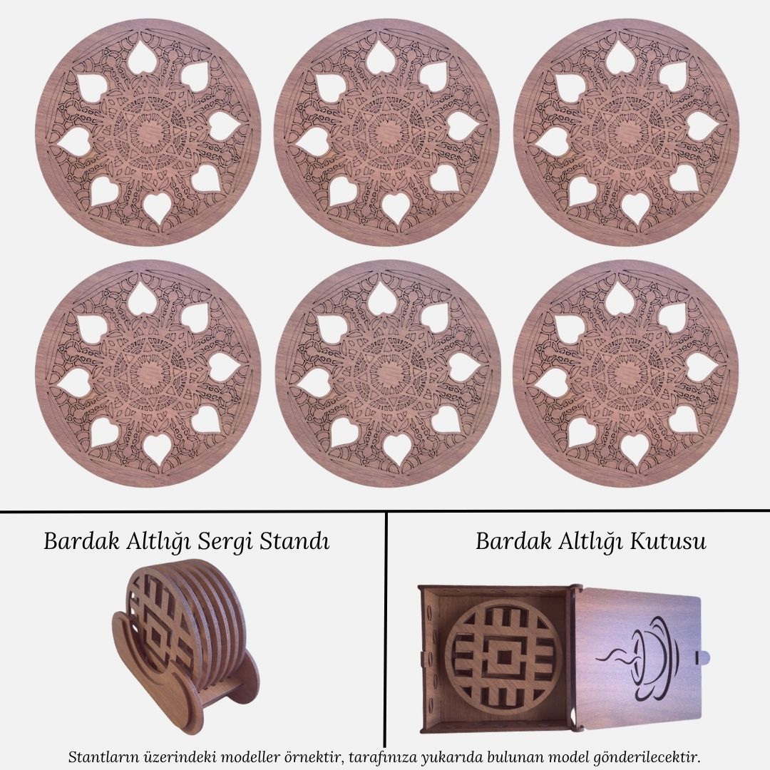 Stantlı 6'lı Ahşap Bardak Altlığı Seti - Model 17