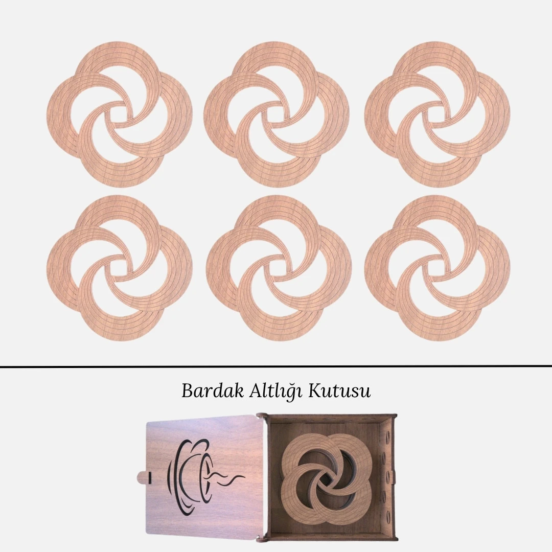 Stantlı 6'lı Ahşap Bardak Altlığı Seti - Model 42