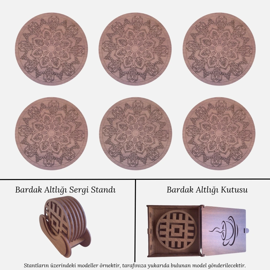 Stantlı 6'lı Ahşap Bardak Altlığı Seti - Model 21