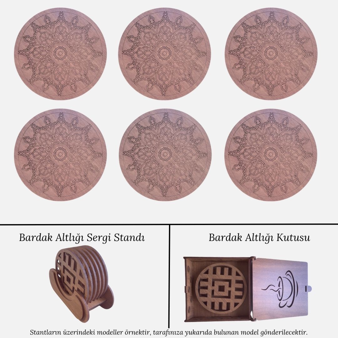 Stantlı 6'lı Ahşap Bardak Altlığı Seti - Model 16