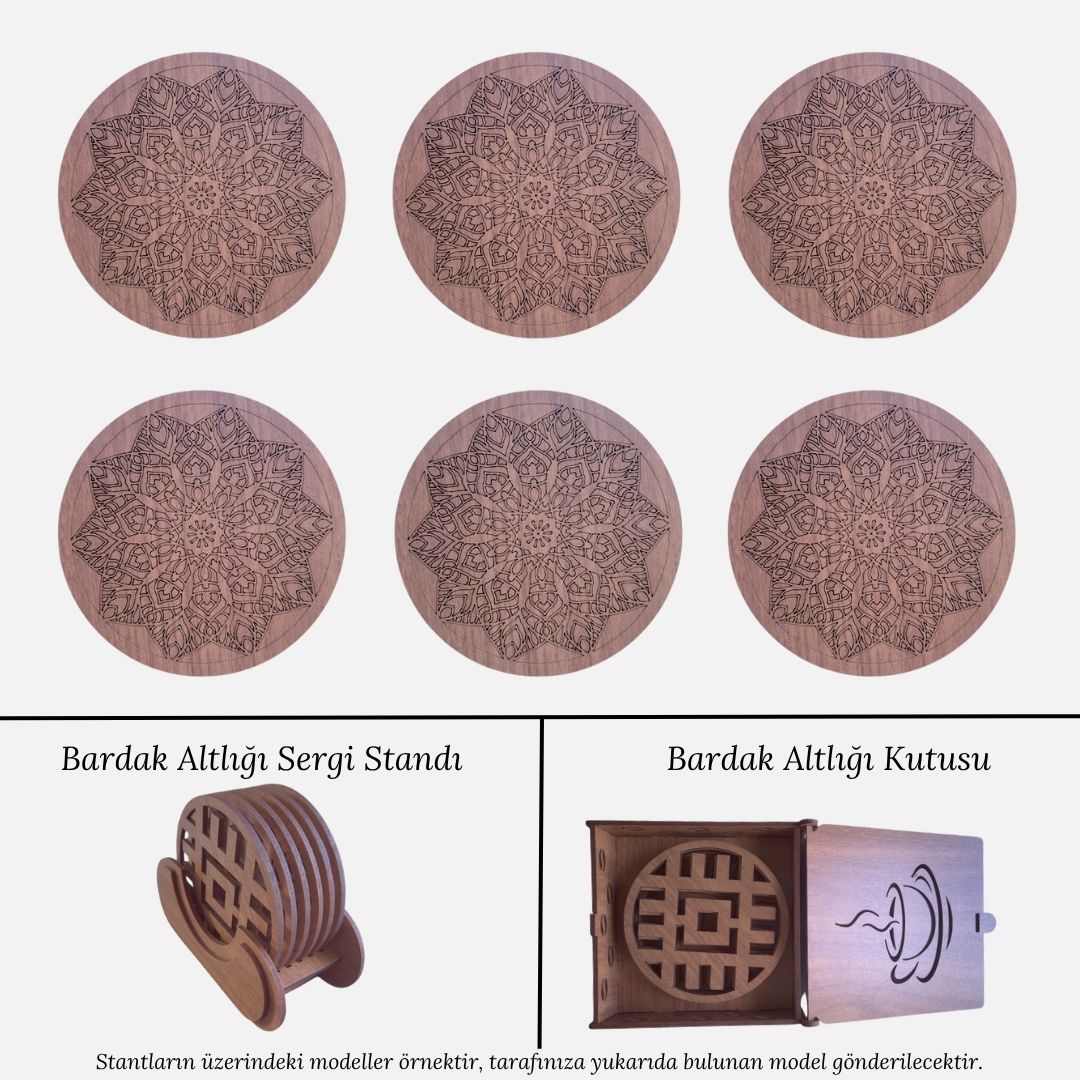 Stantlı 6'lı Ahşap Bardak Altlığı Seti - Model 19