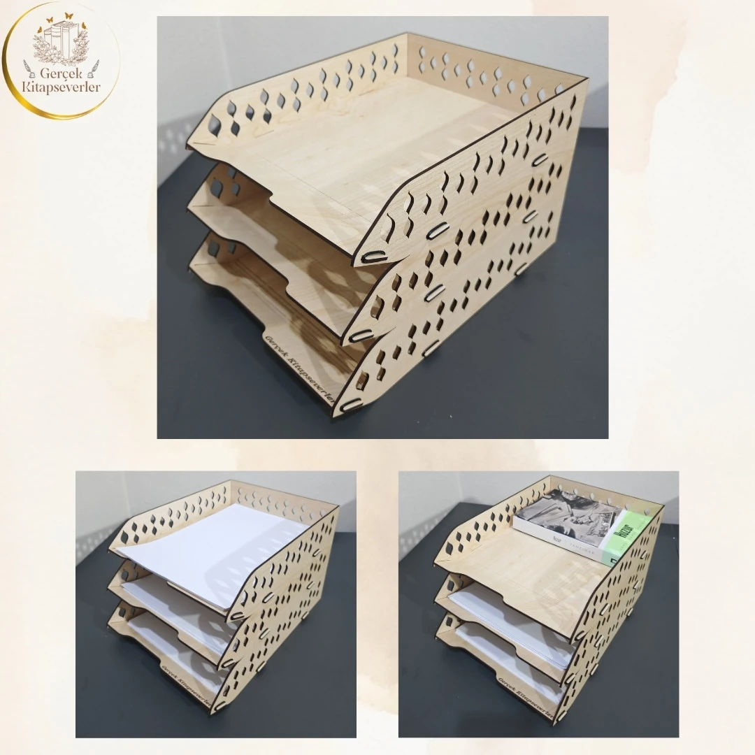 Ahşap 3 Katlı Dekoratif Evrak Rafı Model 2 & Ceviz Renk - Masa Düzenleyici - Akçaağaç - Akçaağaç