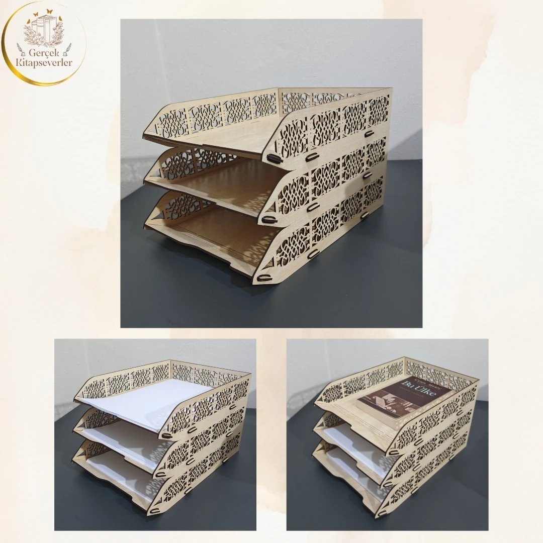 Ahşap 3 Katlı Dekoratif Evrak Rafı Model 3 & Ceviz Renk - Masa Düzenleyici - Akçaağaç - Akçaağaç