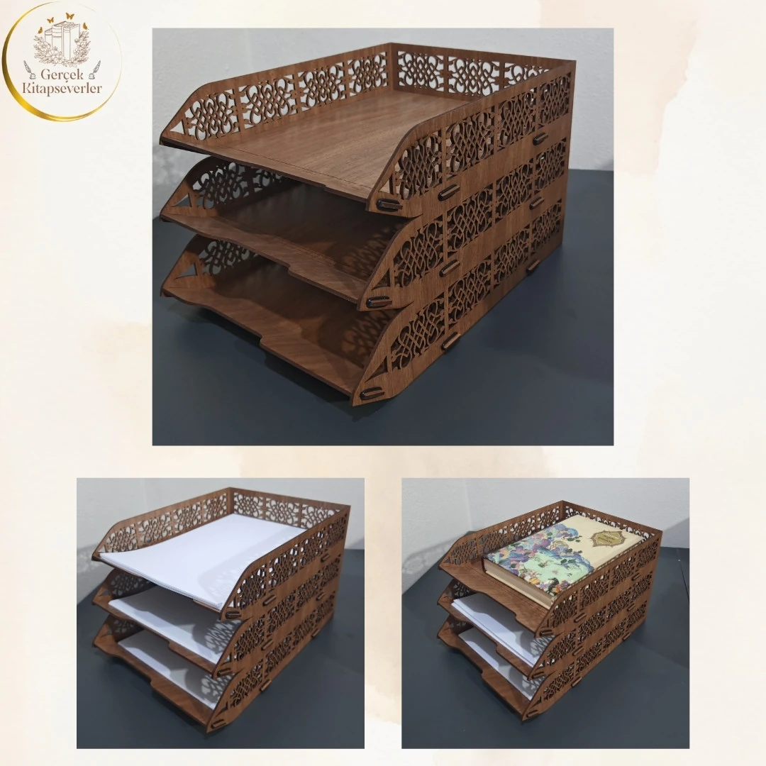 Ahşap 3 Katlı Dekoratif Evrak Rafı Model 3 - Akçaağaç & Ceviz Renk - Masa Düzenleyici - Ceviz