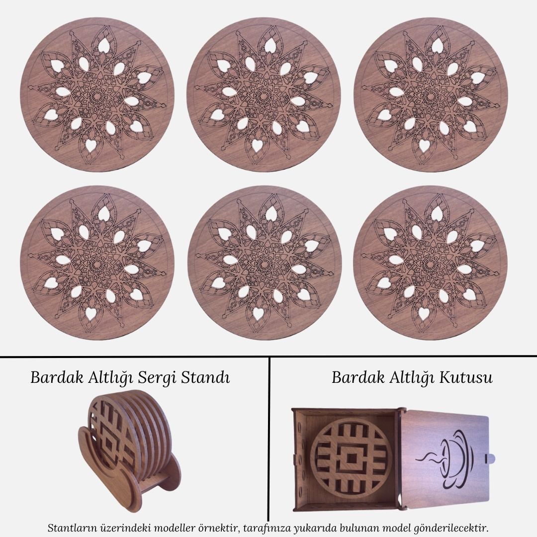 Stantlı 6'lı Ahşap Bardak Altlığı Seti - Model 18