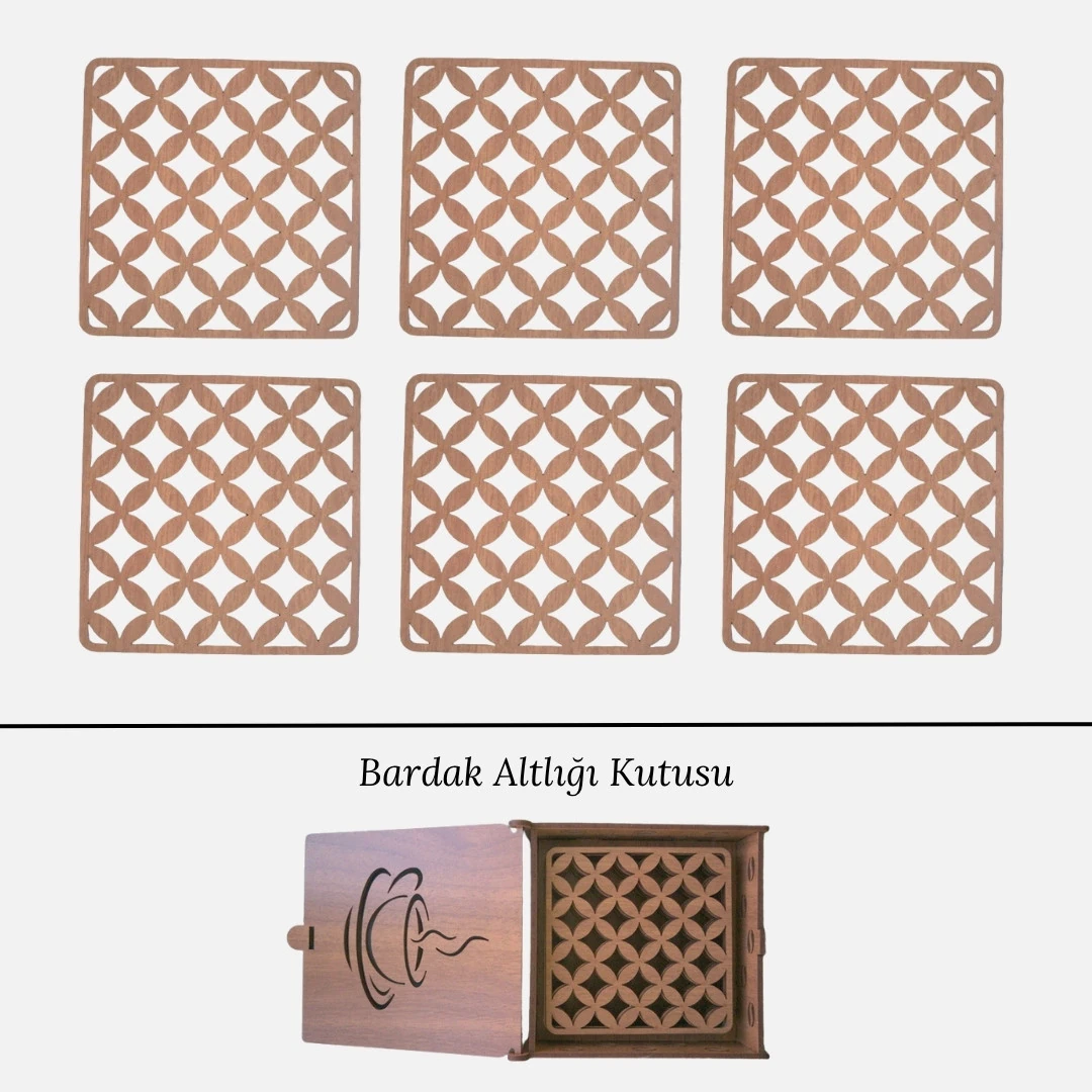 Stantlı 6'lı Ahşap Bardak Altlığı Seti - Model 47
