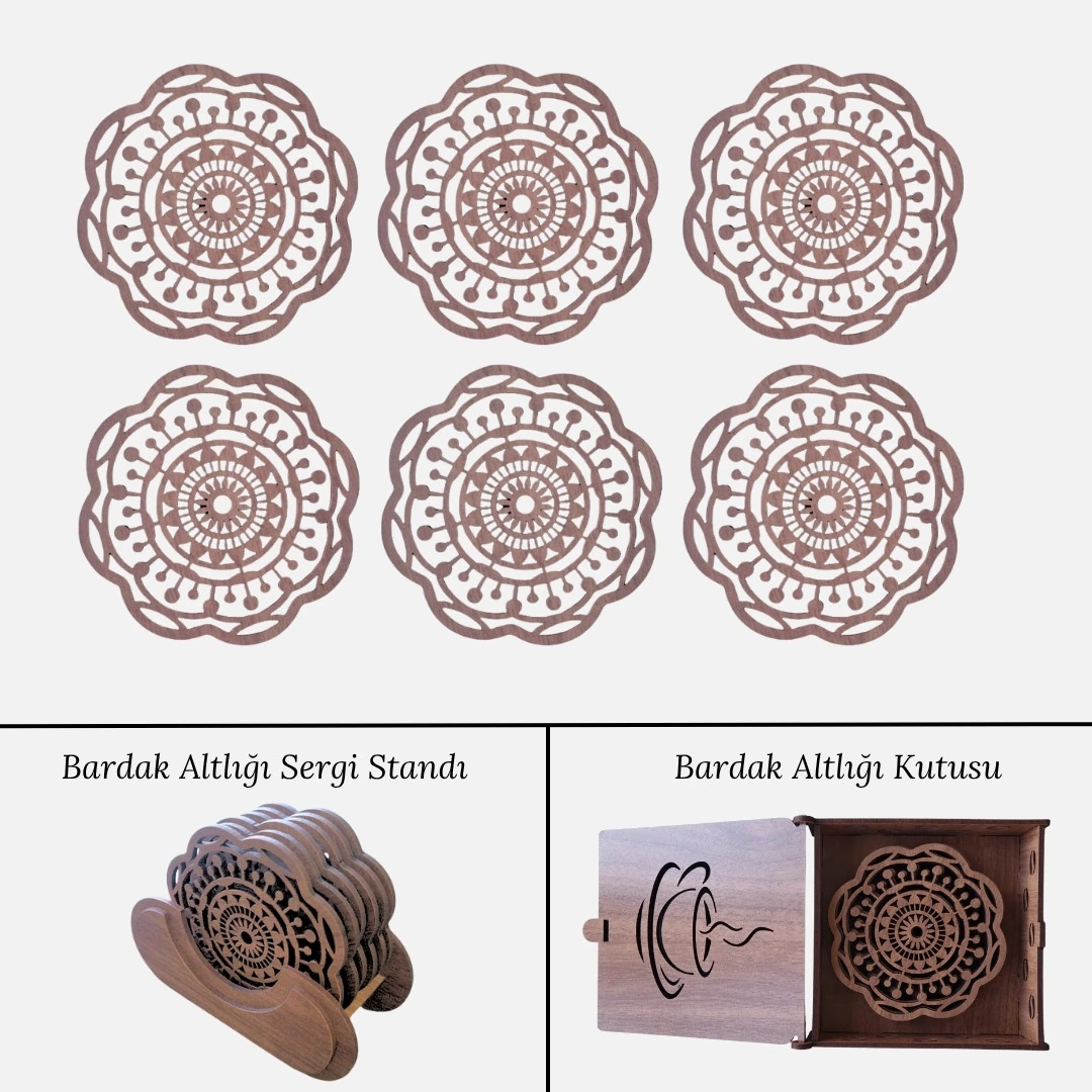 Stantlı 6'lı Ahşap Bardak Altlığı Seti - Model 40