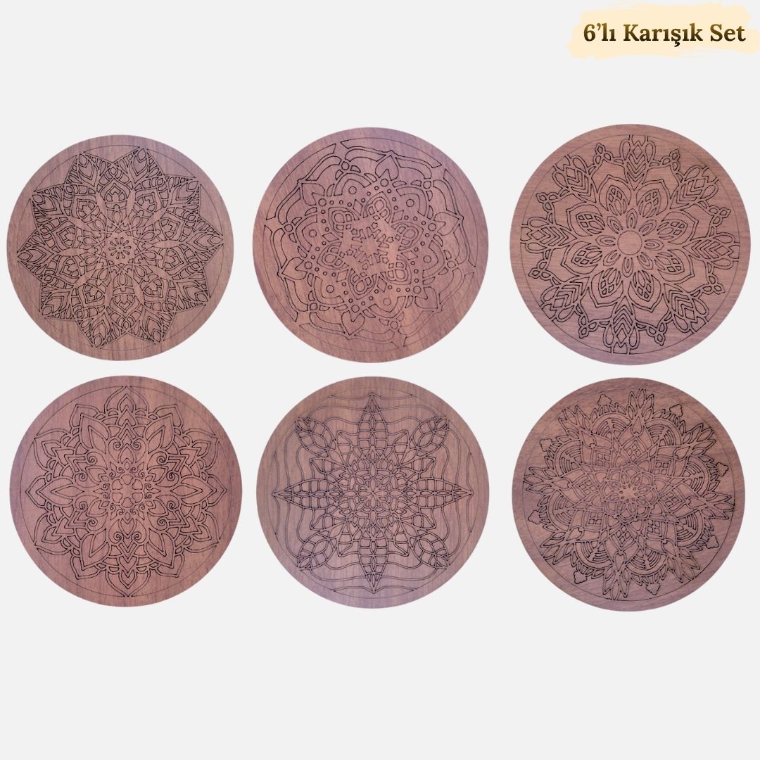 6'lı Özel Desen Çizimli Karışık Ahşap Bardak Altlığı Seti