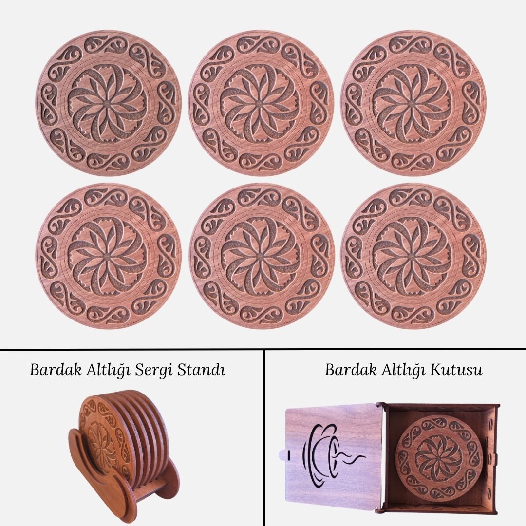 Stantlı 6'lı Ahşap Bardak Altlığı Seti - Model 7