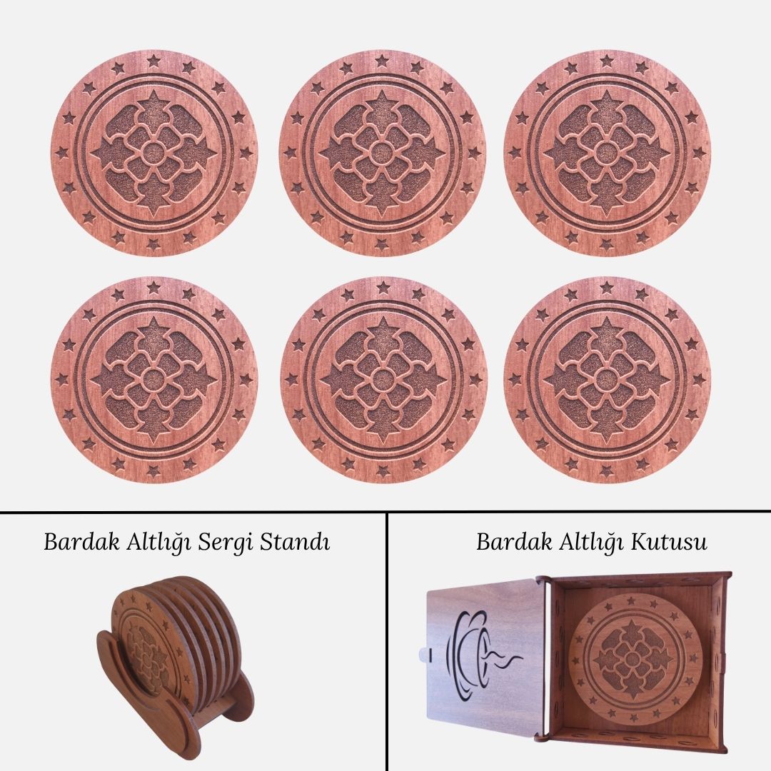 Stantlı 6'lı Ahşap Bardak Altlığı Seti - Model 8