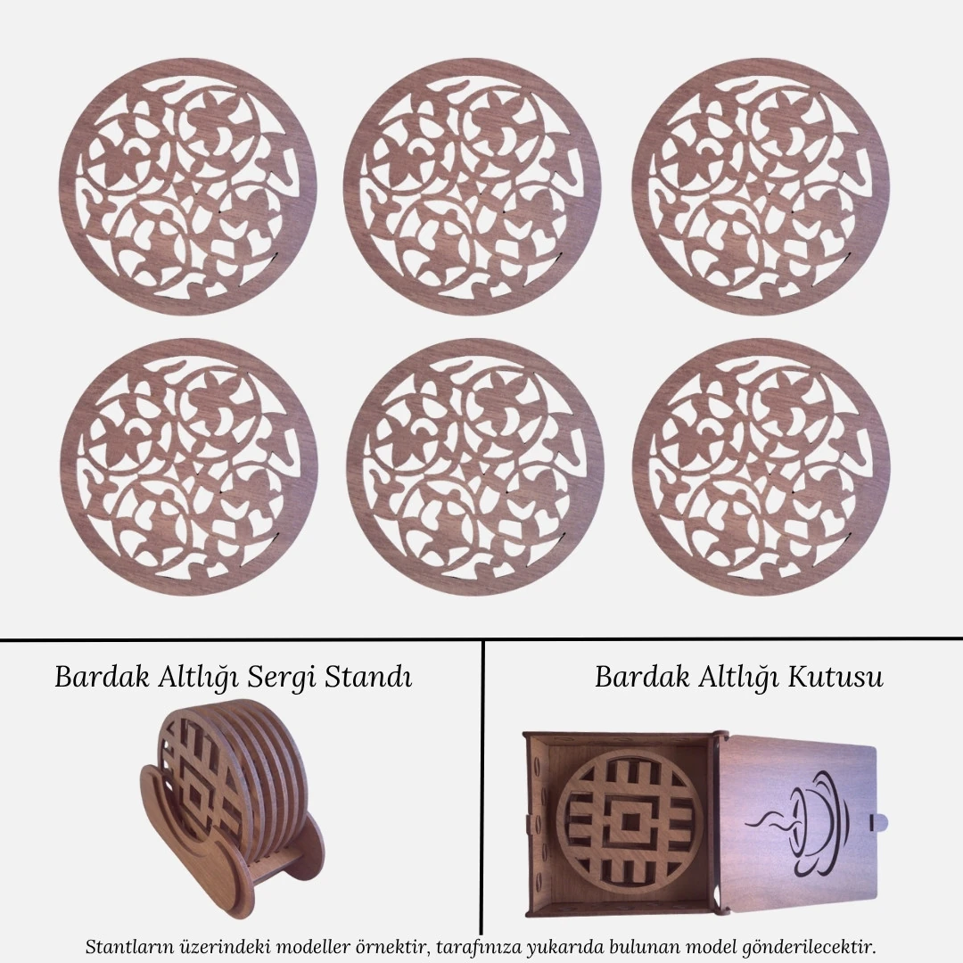 Stantlı 6'lı Ahşap Bardak Altlığı Seti - Model 33