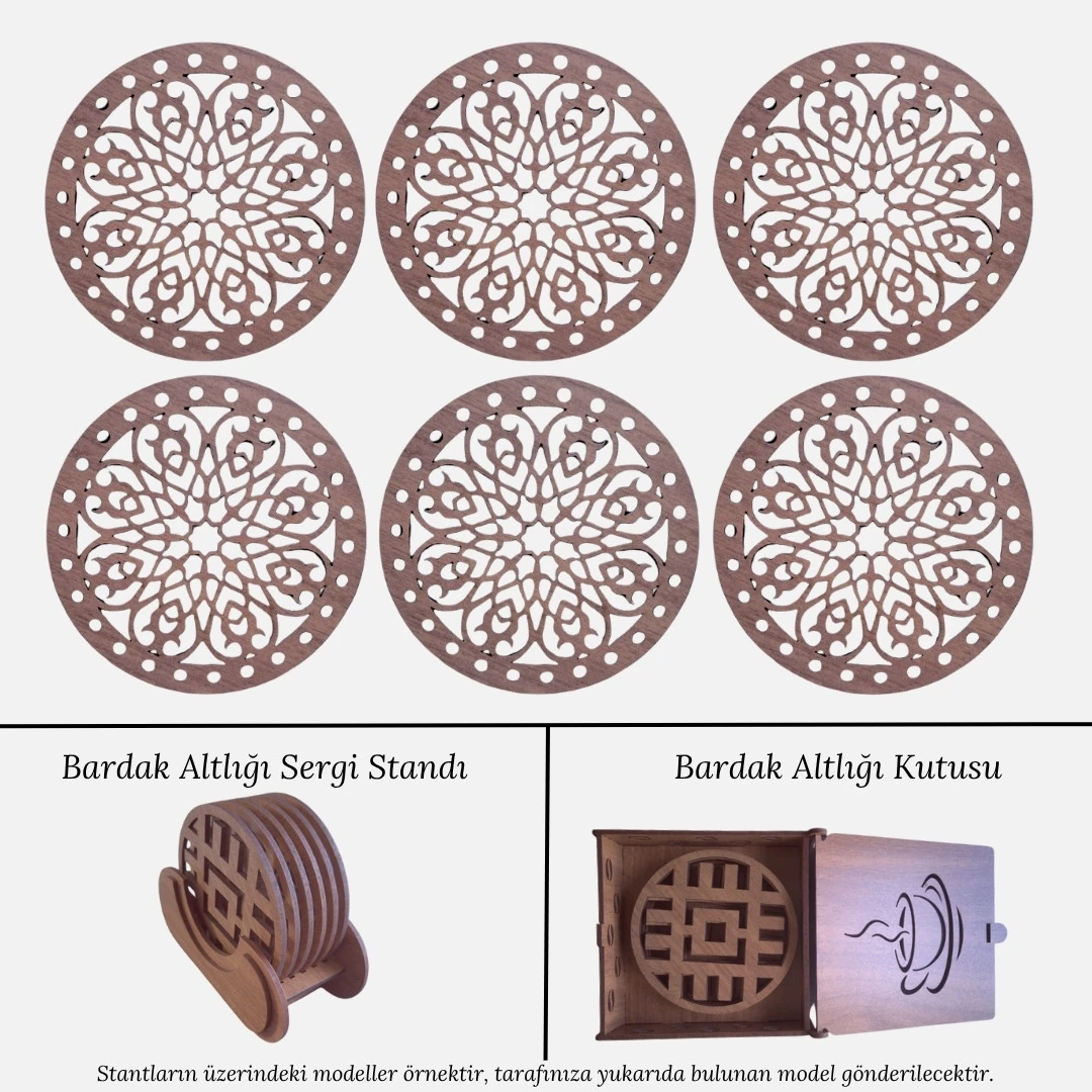 Stantlı 6'lı Ahşap Bardak Altlığı Seti - Model 38