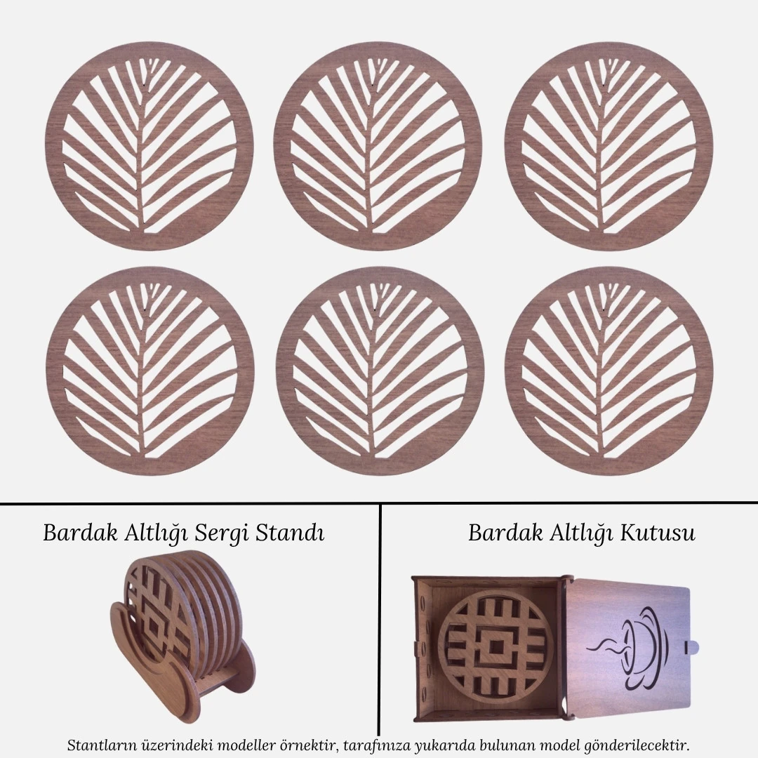 Stantlı 6'lı Ahşap Bardak Altlığı Seti - Model 36