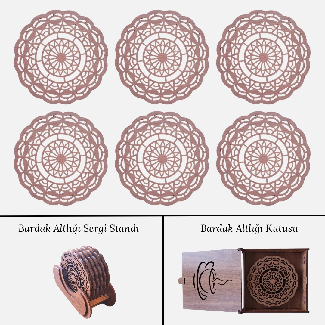 Stantlı 6'lı Ahşap Bardak Altlığı Seti - Model 39