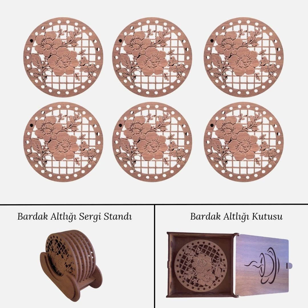 Stantlı 6'lı Ahşap Bardak Altlığı Seti - Model 10