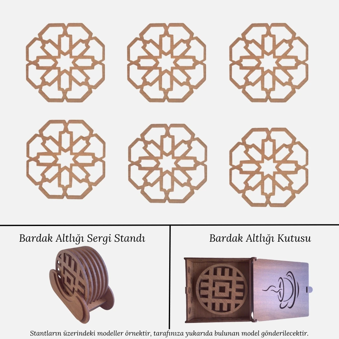 Stantlı 6'lı Ahşap Bardak Altlığı Seti - Model 55