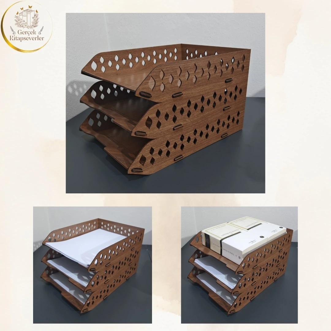 Ahşap 3 Katlı Dekoratif Evrak Rafı Model 2 - Akçaağaç & Ceviz Renk - Masa Düzenleyici