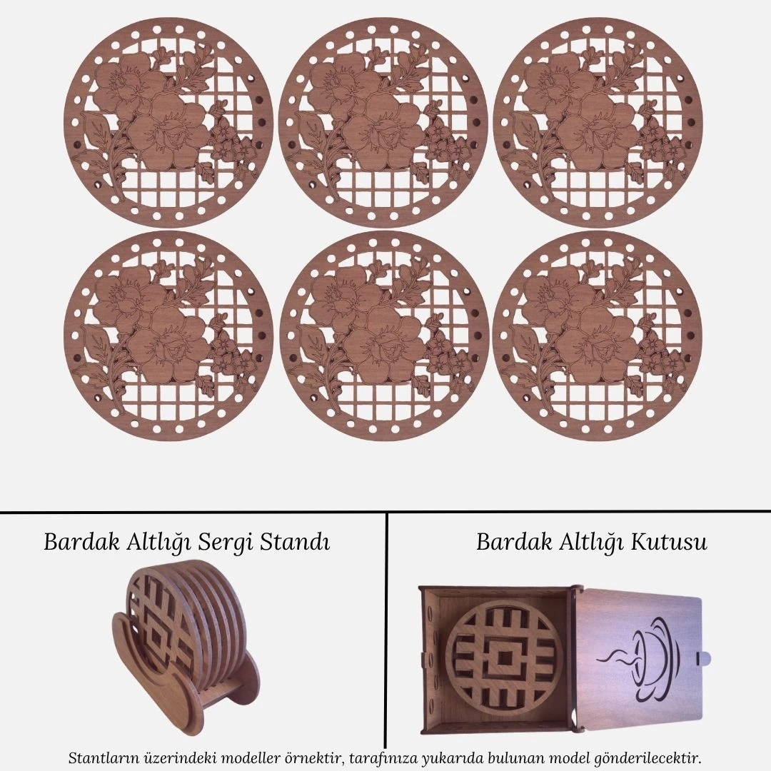Stantlı 6'lı Ahşap Bardak Altlığı Seti - Model 14