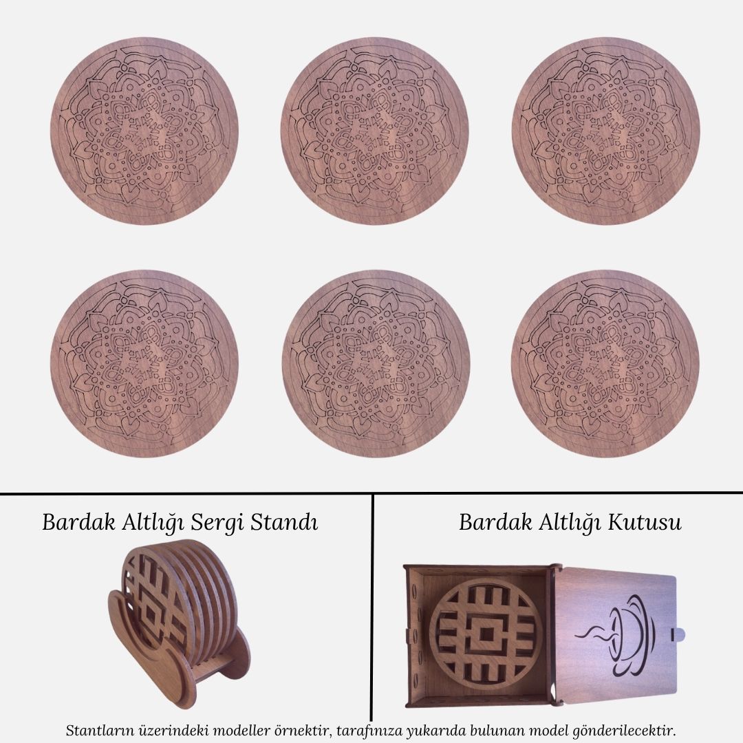 Stantlı 6'lı Ahşap Bardak Altlığı Seti - Model 20