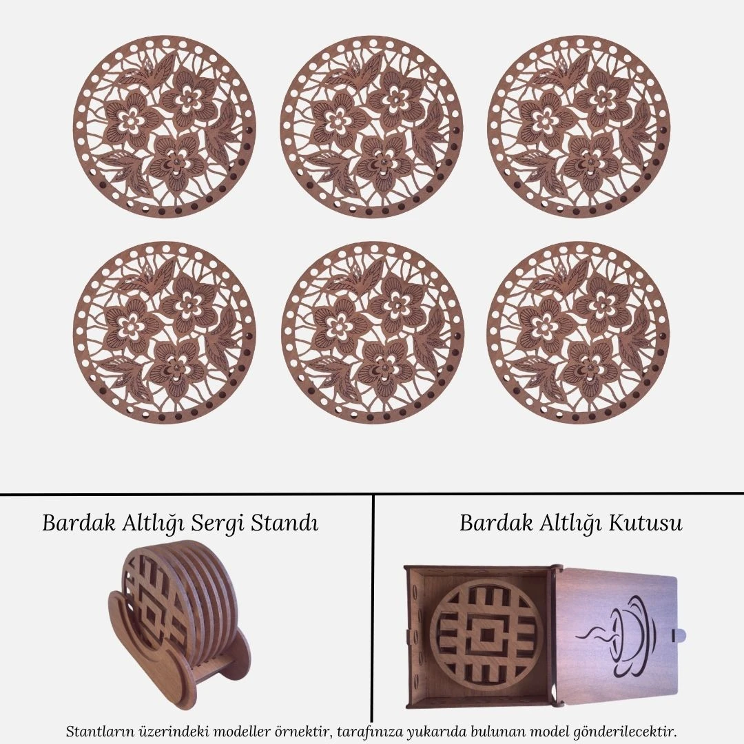 Stantlı 6'lı Ahşap Bardak Altlığı Seti - Model 13