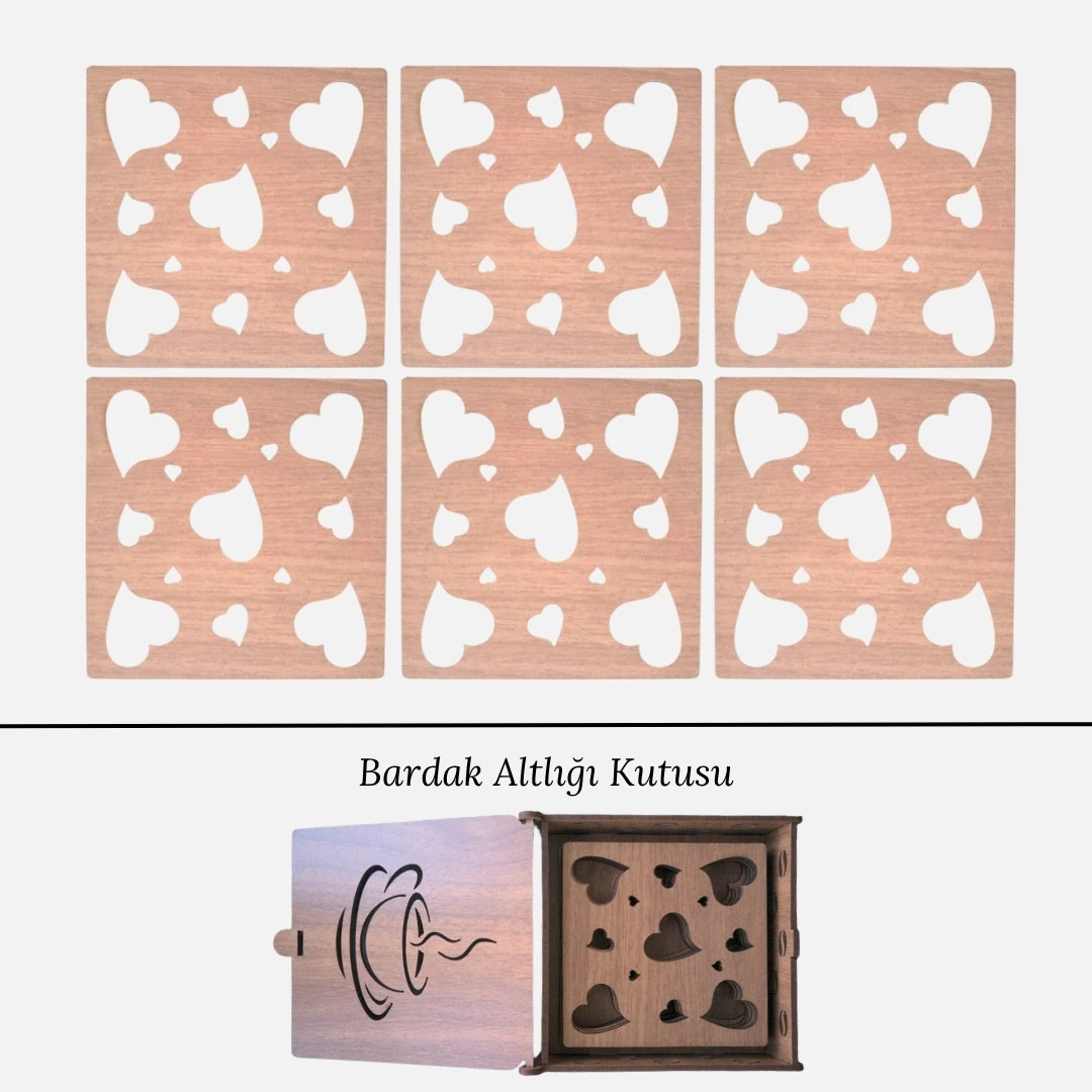 Stantlı 6'lı Ahşap Bardak Altlığı Seti - Model 44