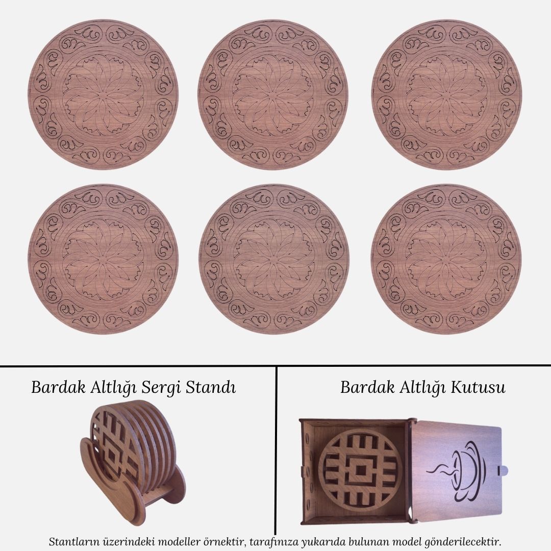 Stantlı 6'lı Ahşap Bardak Altlığı Seti - Model 15