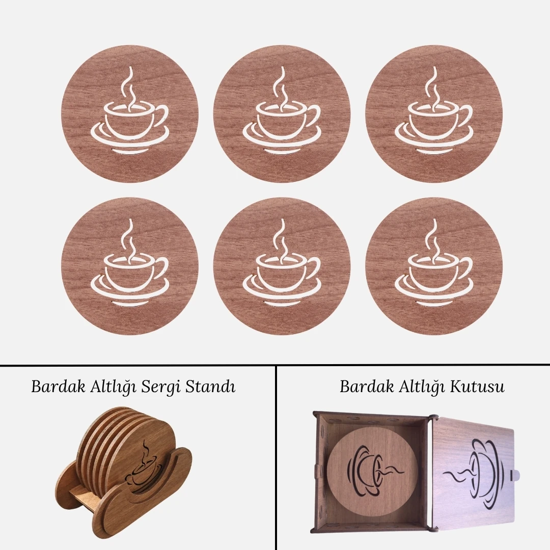 Stantlı 6'lı Ahşap Bardak Altlığı Seti - Model 1