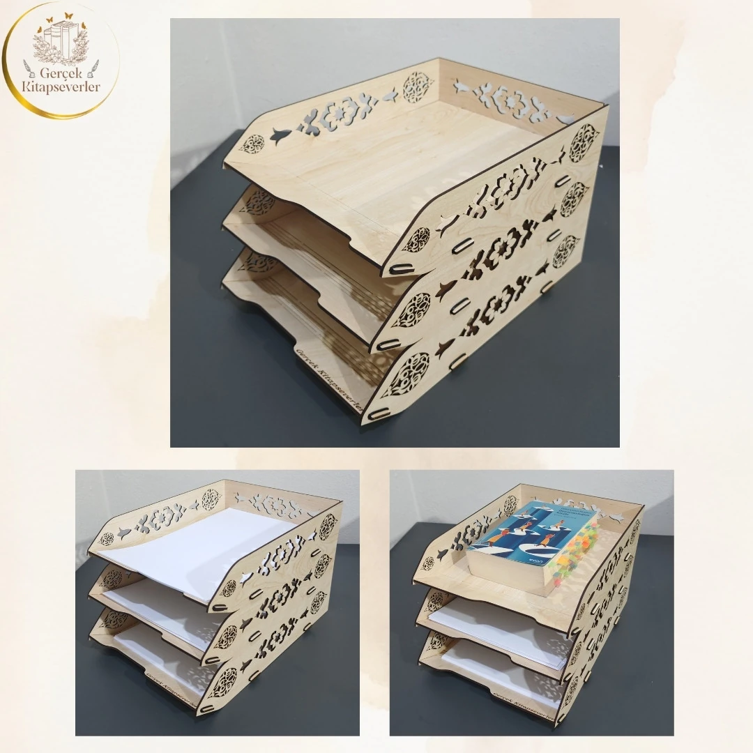 Ahşap 3 Katlı Dekoratif Evrak Rafı Model 1 & Ceviz Renk - Masa Düzenleyici - Akçaağaç - Akçaağaç