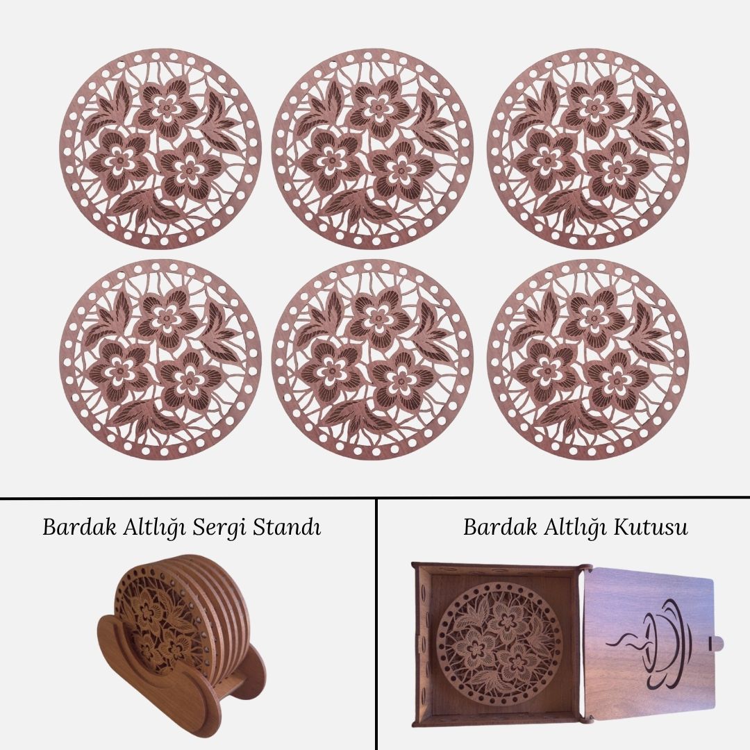 Stantlı 6'lı Ahşap Bardak Altlığı Seti - Model 9