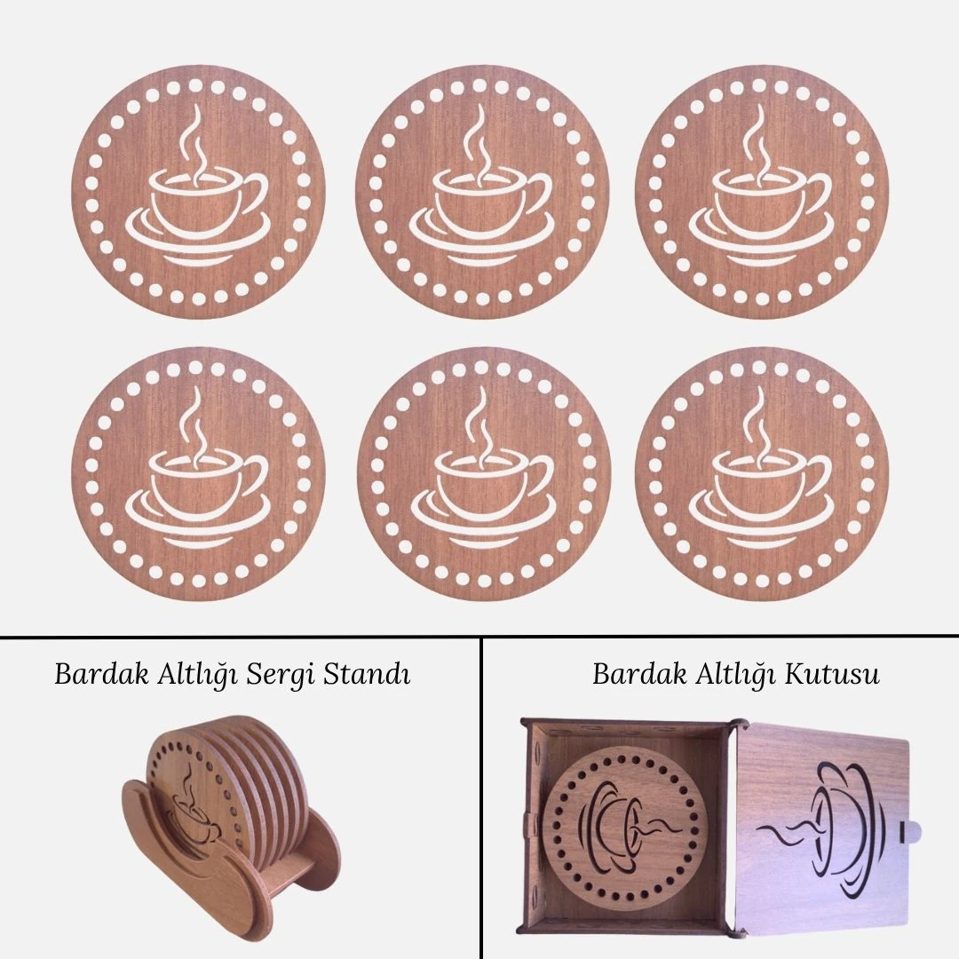 Stantlı 6'lı Ahşap Bardak Altlığı Seti - Model 2