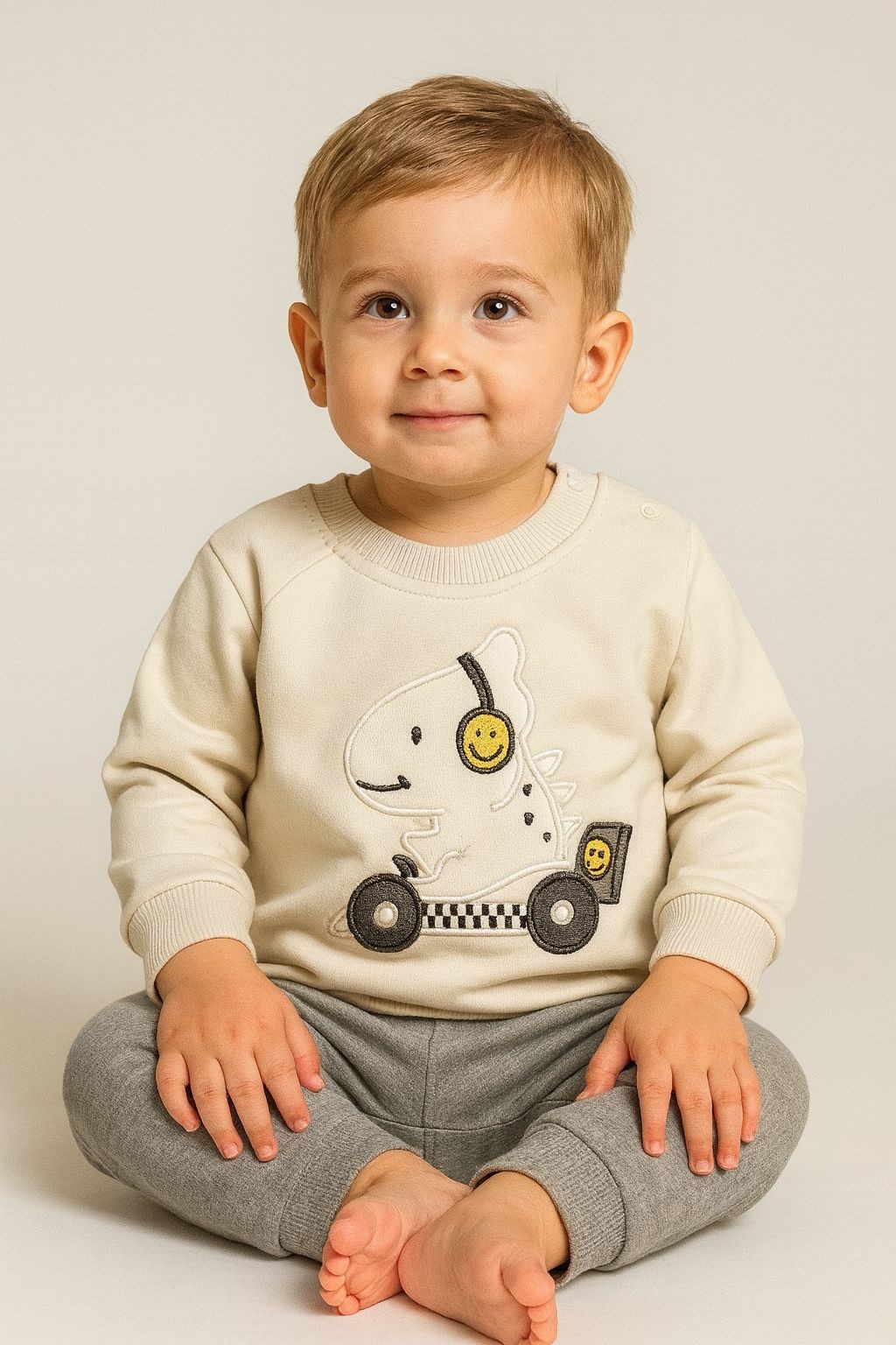 Divonette Dinazor  Nakış İşlemeli 2 İplik Erkek Bebek Sweatshirt - Taş