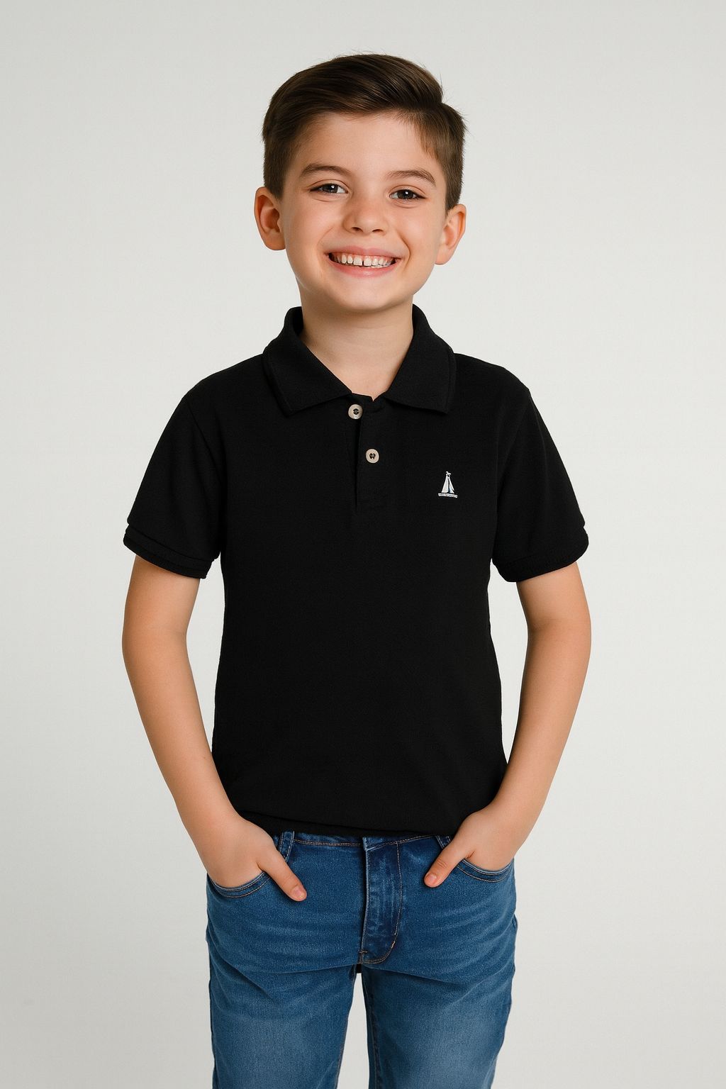 Yelken Nakışlı Lacoste Model Erkek Çocuk Siyah Tişört