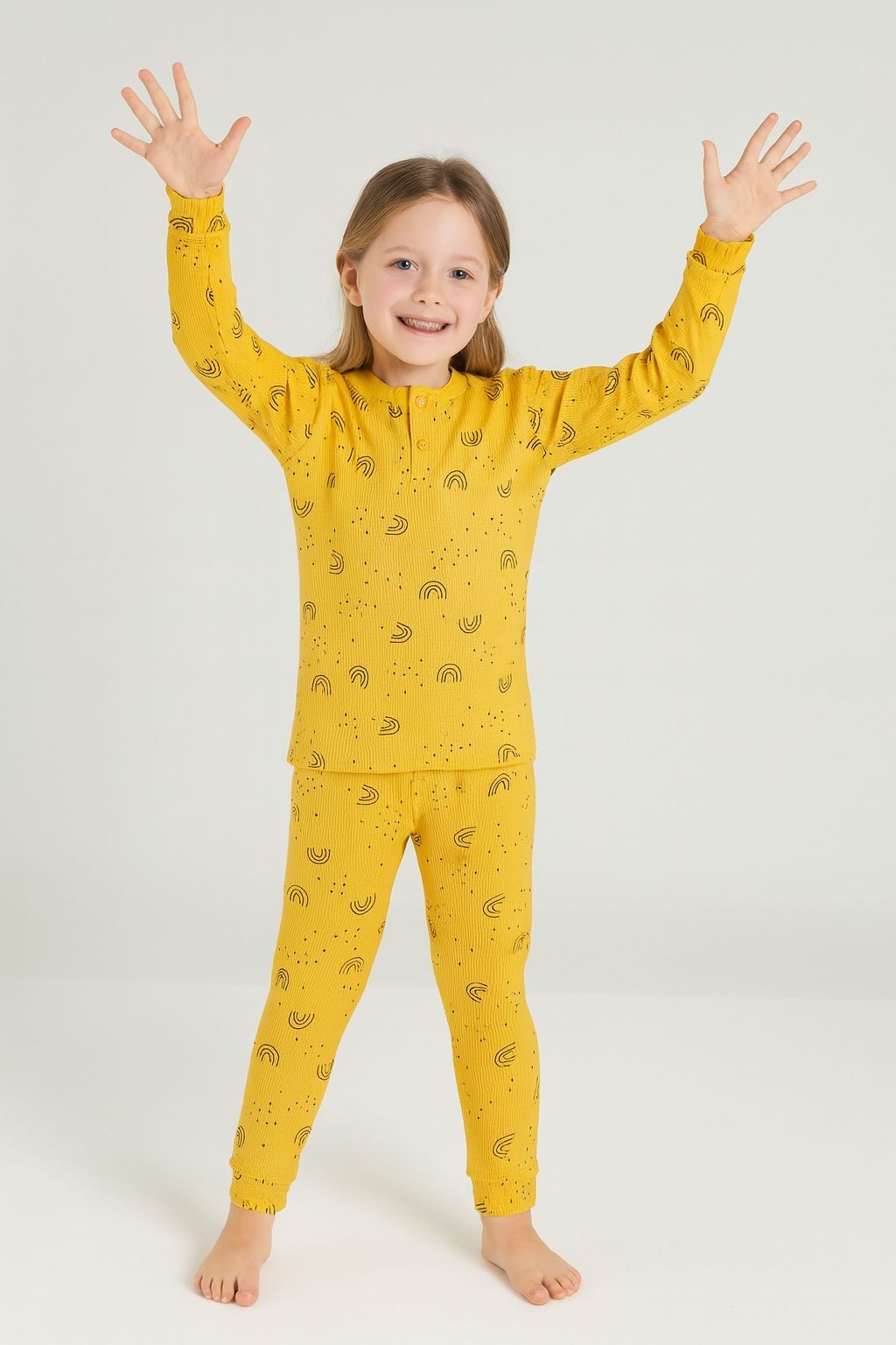 Waffle Gökkuşağı Desenli  Çocuk Pijama Takım - Hardal