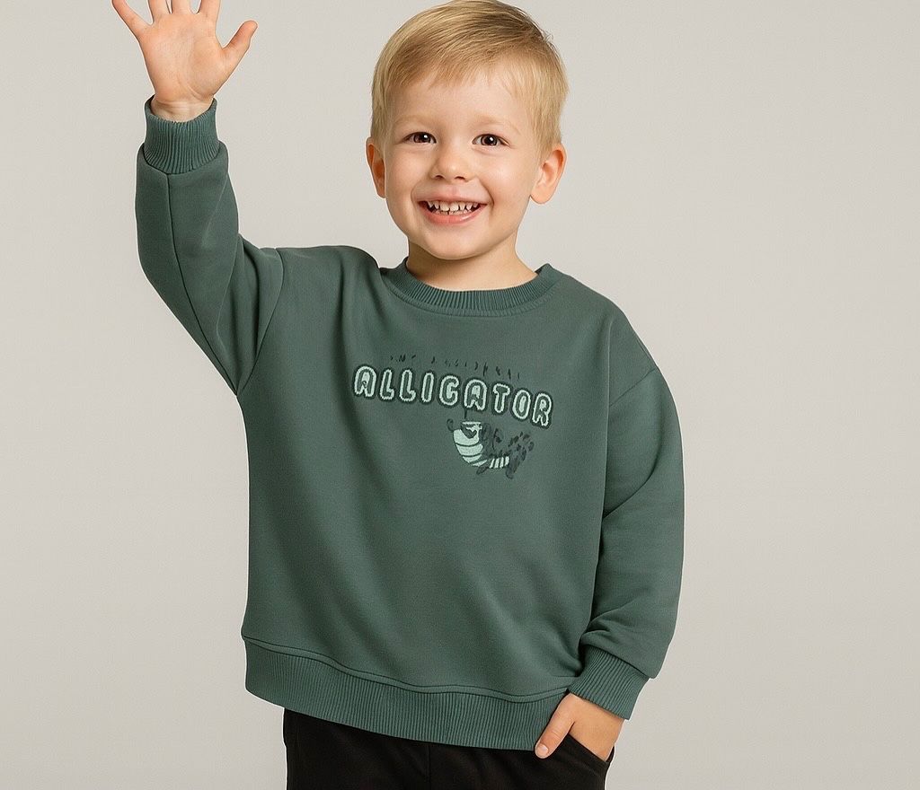Timsah Nakış 2 İplik Pamuk Erkek Çocuk Sweatshirt - Yeşil