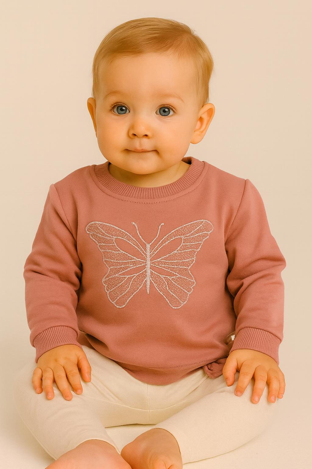 Kelebek Nakış İşlemeli 2 İplik Pamuk Kız Bebek Sweatshirt - Gül Kurusu