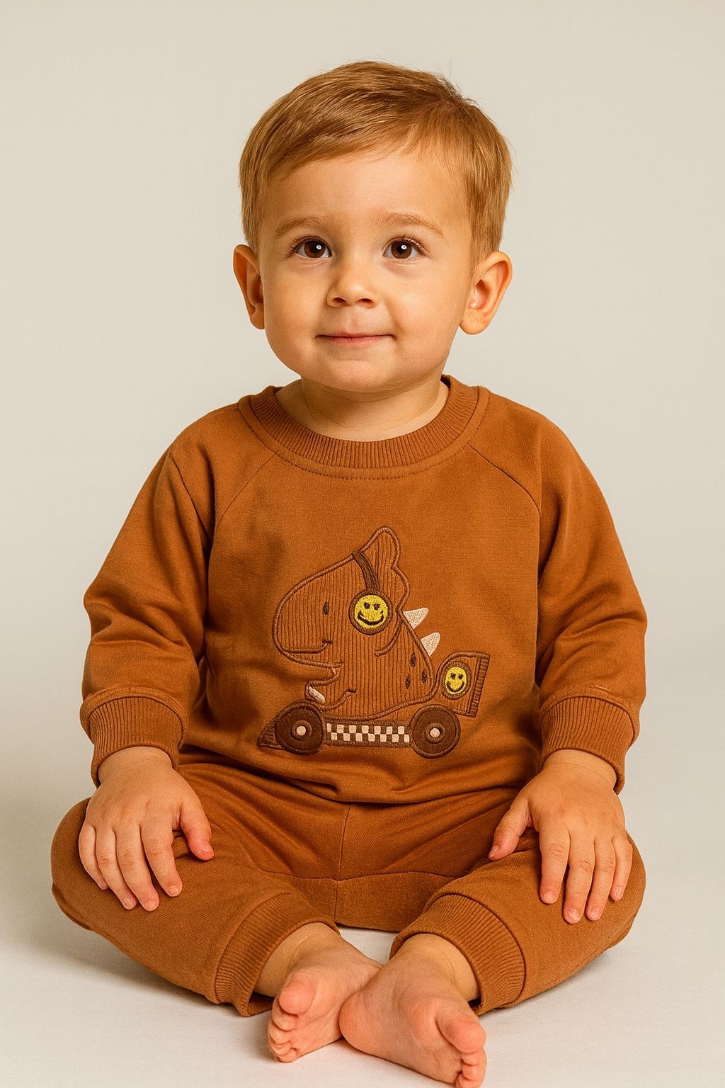 Divonette Dinazor  Nakış İşlemeli 2 İplik Erkek Bebek Sweatshirt - Kiremit
