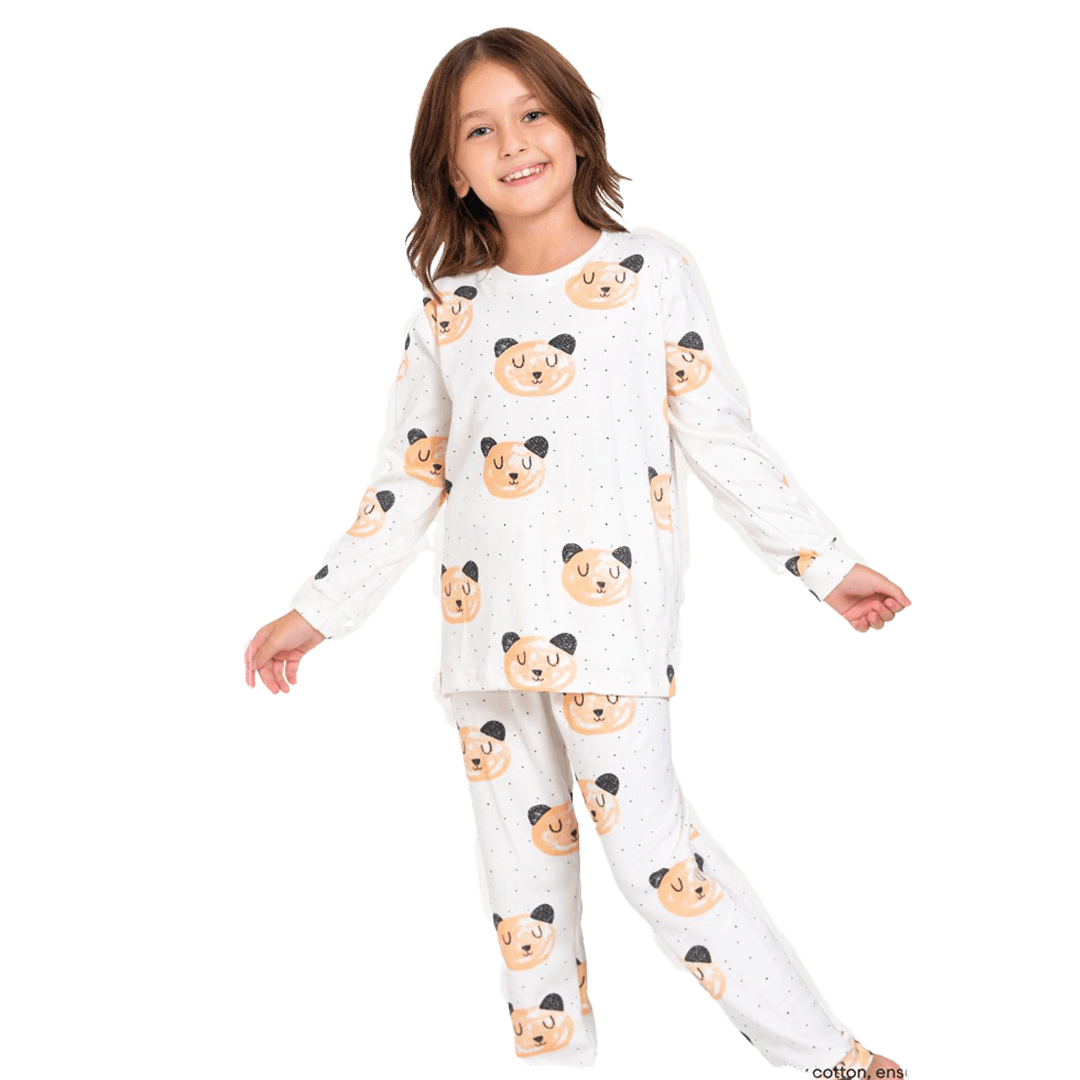 Kız Çocuk Ekru Bear Model Pijama Takımı